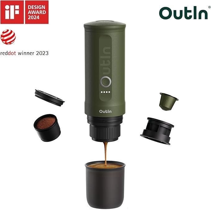 OutIn Nano Portable Electric Espresso Machine, Travel Coffee Maker for Camping, Car Coffee Maker Self-Heating with USB-C, With Ground Coffee & NS Capsule for RV, Hiking, Office